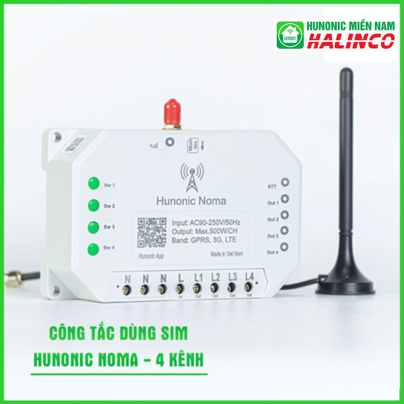 Công tắc Hunonic Noma 4CH – Điều khiển mọi thiết bị từ xa qua điện thoại dùng sim 1 Công tắc Hunonic Noma 4CH – Điều khiển mọi thiết bị từ xa qua điện thoại dùng sim