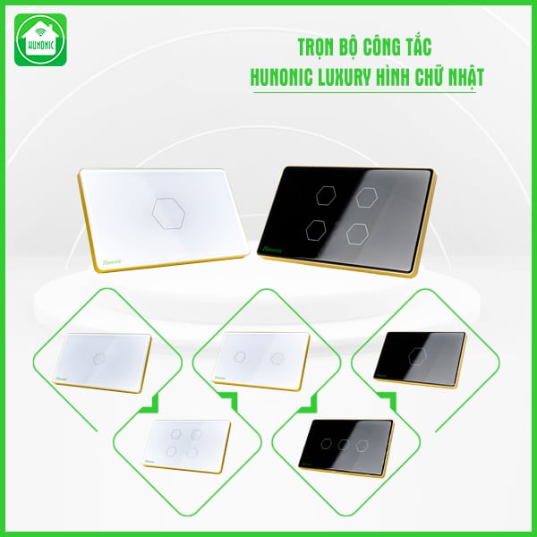 Công Tắc Hunonic Luxury Hình Chữ Nhật Viền Vàng ( Màu Trắng ) 1 Công Tắc Hunonic Luxury Hình Chữ Nhật Viền Vàng
