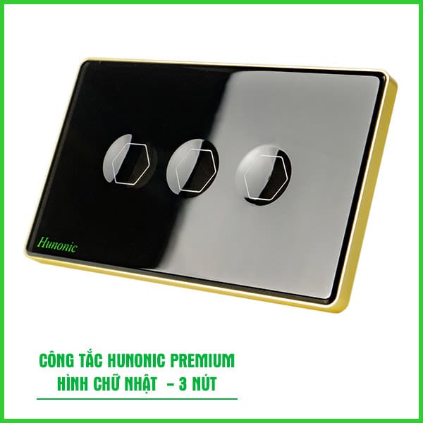 Công Tắc Hunonic Premium Hình Chữ Nhật Viền Vàng 5 Prenium 3 Nut Hcn 1