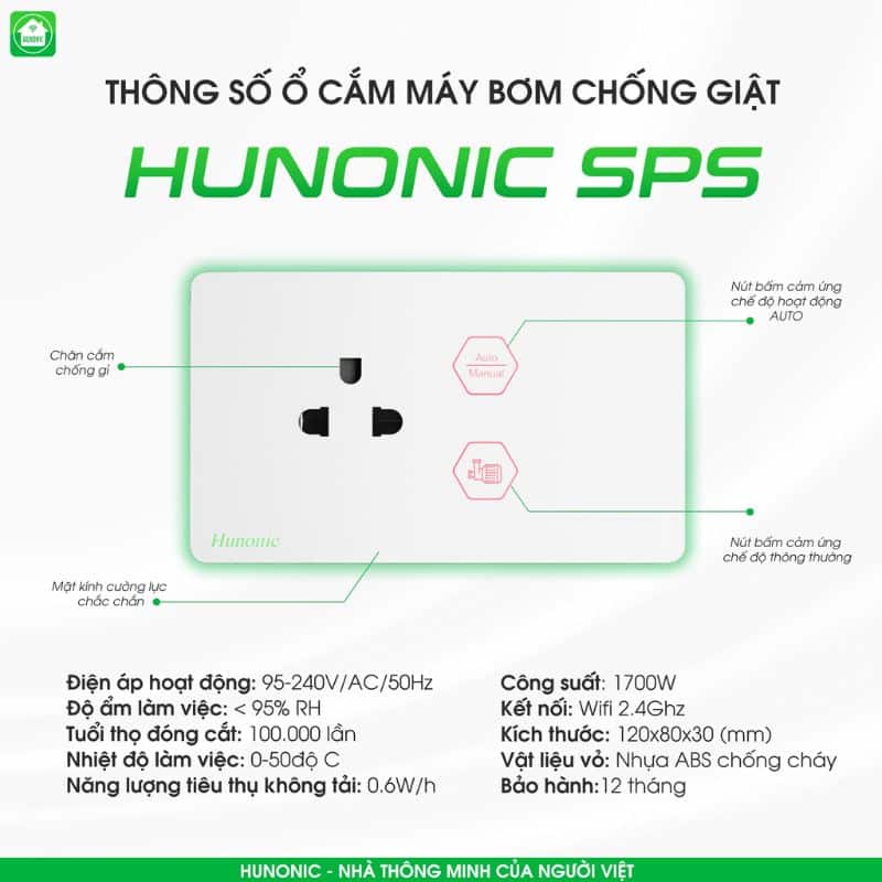 Ổ Cắm Máy Bơm Chống Giật An Toàn Hunonic SPS 12 Thông Số Kỹ Thuật