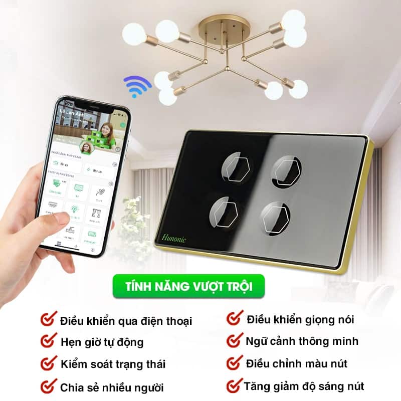 Công Tắc Hunonic Premium Hình Chữ Nhật Viền Vàng 44 Công Tắc Hunonic Premium Hình Chữ Nhật Viền Vàng