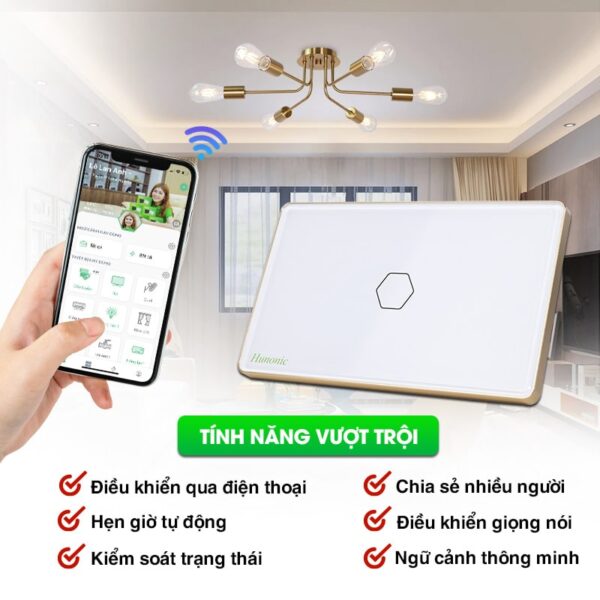 Công Tắc Hunonic Luxury Hình Chữ Nhật Viền Vàng ( Màu Trắng ) 44 Công Tắc Hunonic Luxury Hình Chữ Nhật Viền Vàng
